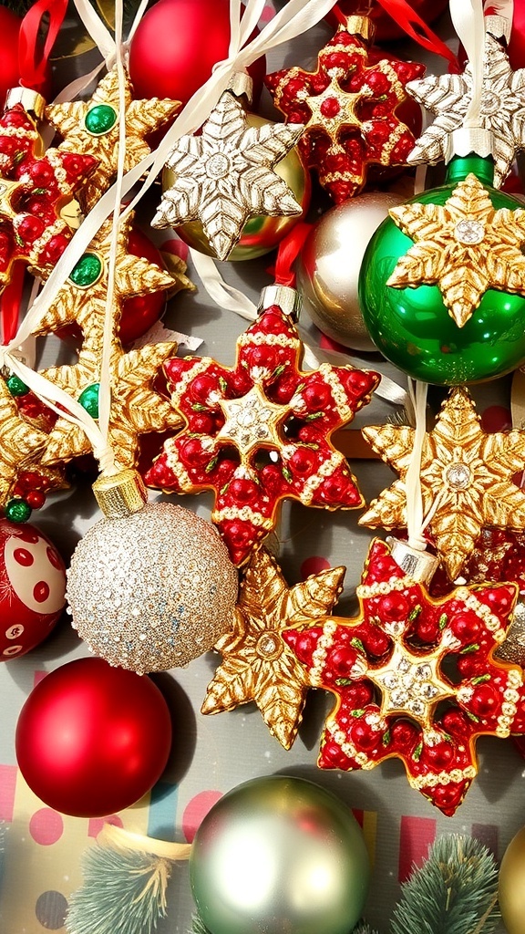 DIY Beaded Christmas Ornaments Colorful beaded Christmas ornaments in star and snowflake shapes on a festive background.